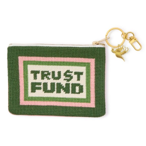 NWT Two's Company "Trust Fund" Needlepoint Coin Pouch Green Pink Velvet Preppy - Picture 1 of 8